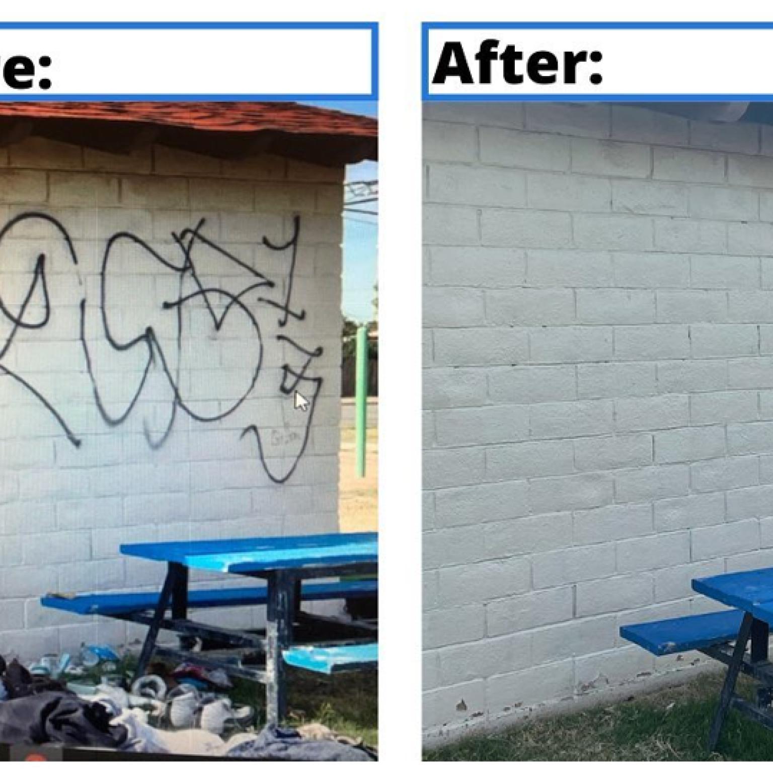 Before and after pictures of graffiti wall clean and painted.